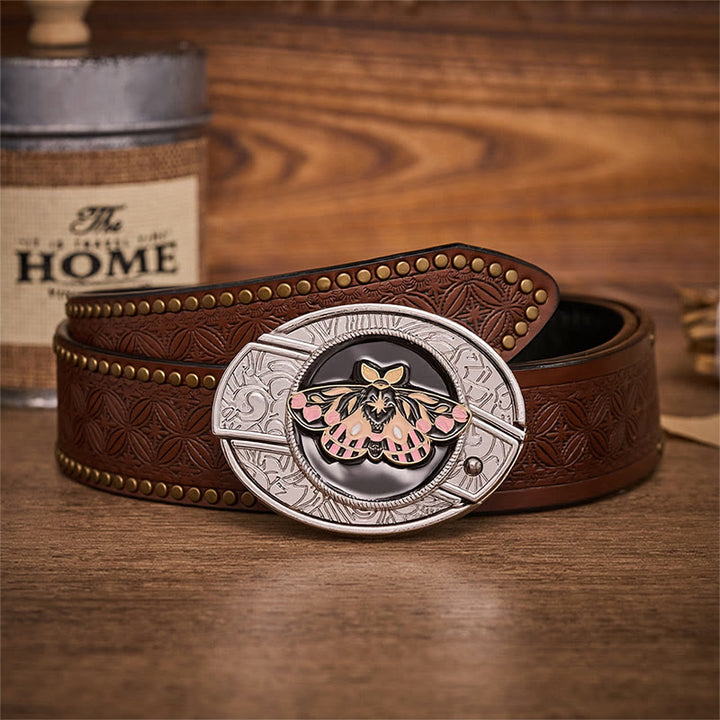Pink & Gold Mystic Moth Hidden Folding Knife Buckle Leather Belt - Moth - Brown Rivet Belt - 42 - image 4