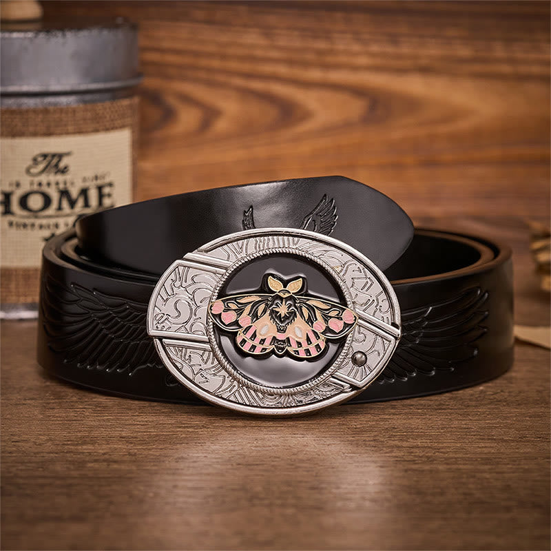 Pink & Gold Mystic Moth Hidden Folding Knife Buckle Leather Belt - Moth - Black Embossed Eagle Belt - 42 - image 2
