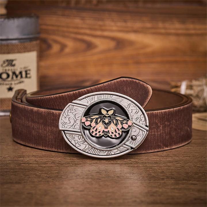 Pink & Gold Mystic Moth Hidden Folding Knife Buckle Leather Belt - Moth - Brown Distressed Belt - 42 - image 5
