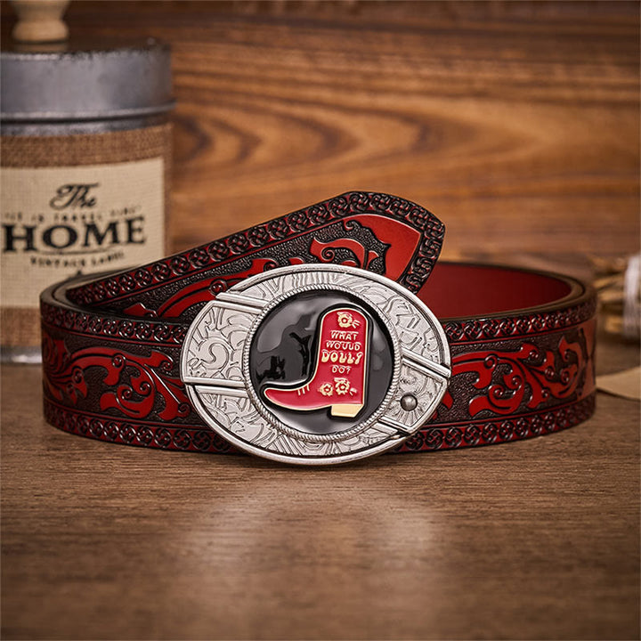 Red Cowboy Boot Hidden Folding Knife Buckle Leather Belt - Red Cowboy Boot - Brown Carved Belt - 42 - image 6