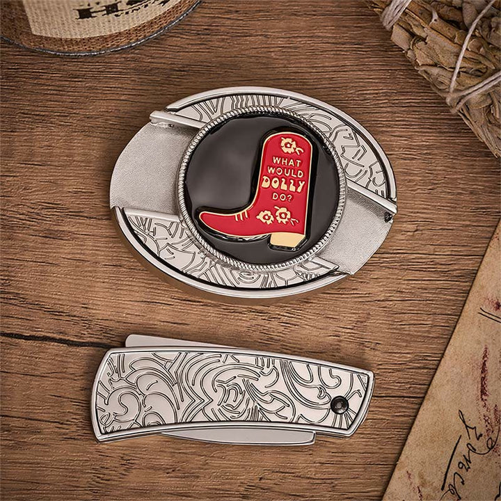Red Cowboy Boot Hidden Folding Knife Buckle Leather Belt - image 10