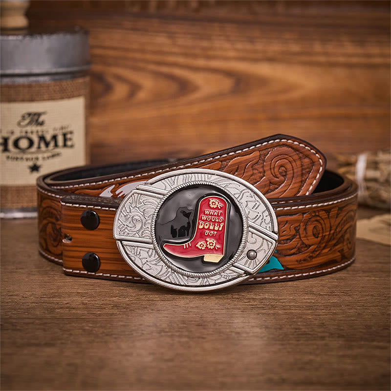 Red Cowboy Boot Hidden Folding Knife Buckle Leather Belt - Red Cowboy Boot - Brown Feather Belt - 40 - image 7