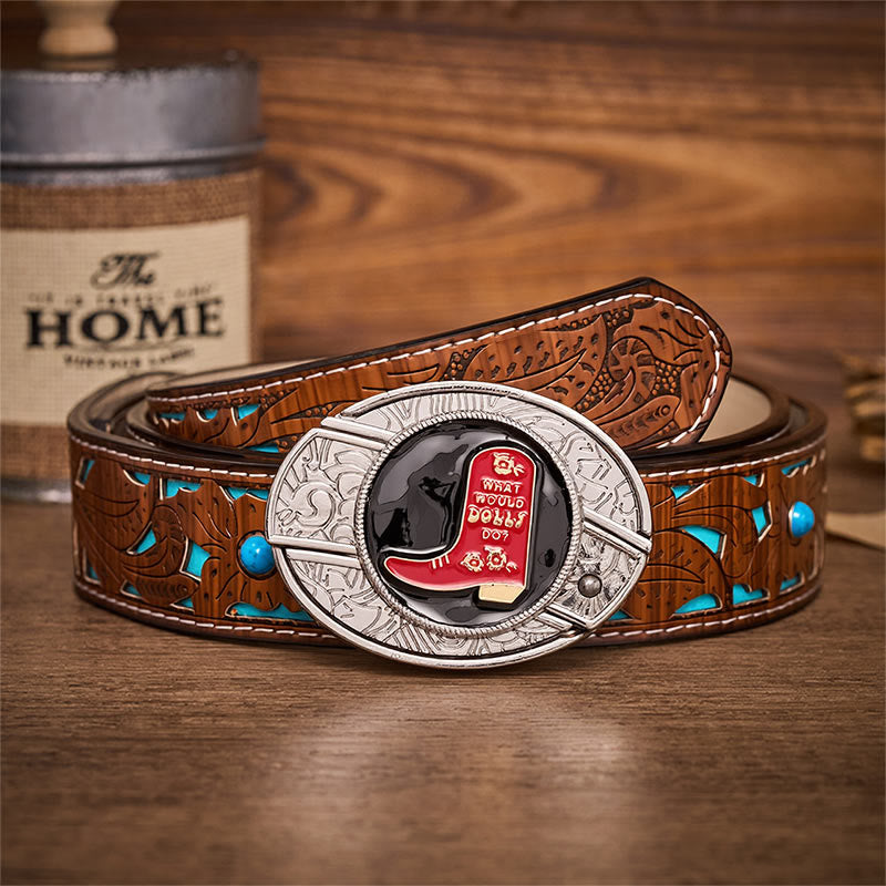 Red Cowboy Boot Hidden Folding Knife Buckle Leather Belt - Red Cowboy Boot - Turquoise Carved Belt - 42 - image 3