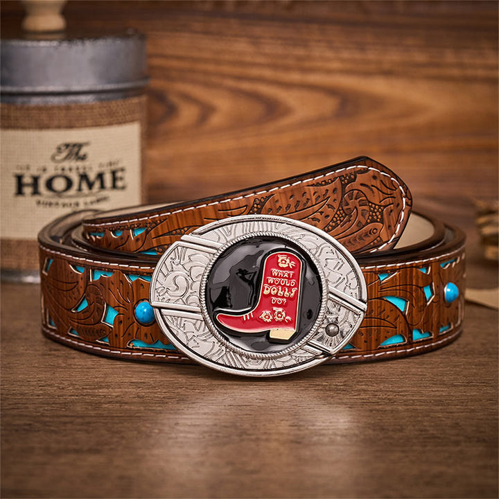 Red Cowboy Boot Hidden Folding Knife Buckle Leather Belt - Red Cowboy Boot - Turquoise Carved Belt - 42 - image 3