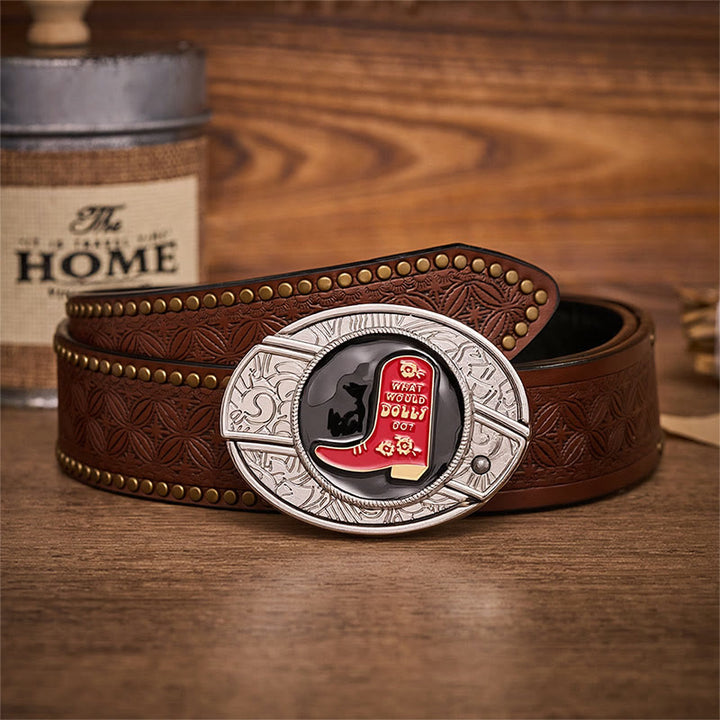 Red Cowboy Boot Hidden Folding Knife Buckle Leather Belt - Red Cowboy Boot - Brown Rivet Belt - 42 - image 4