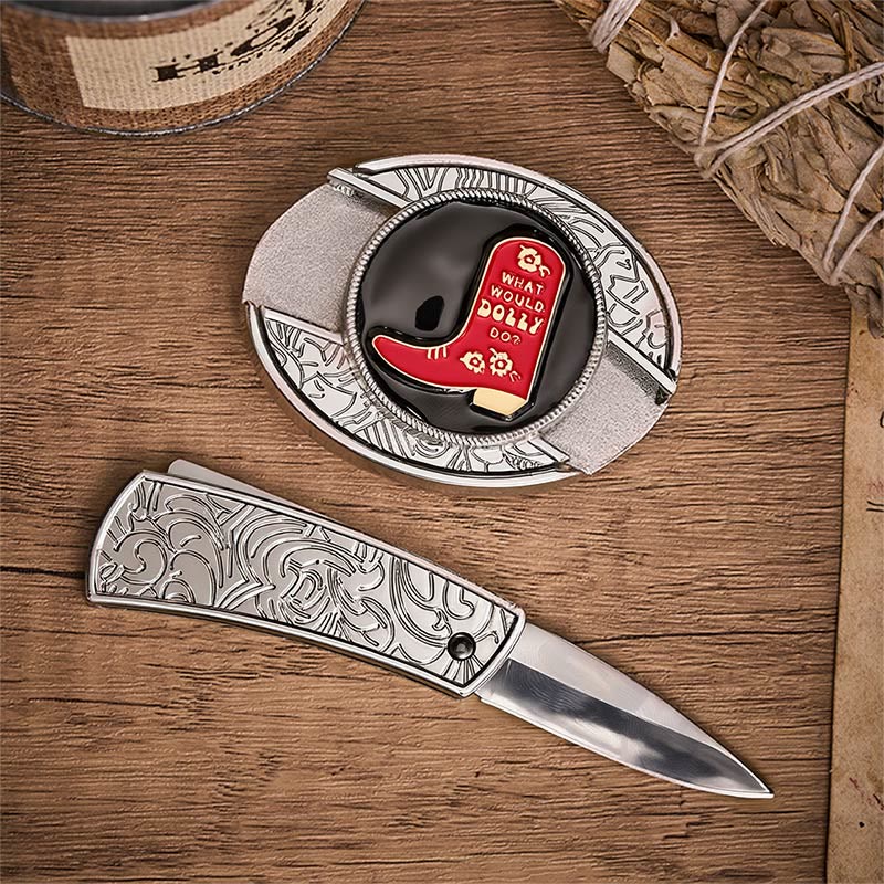 Red Cowboy Boot Hidden Folding Knife Buckle Leather Belt - image 1