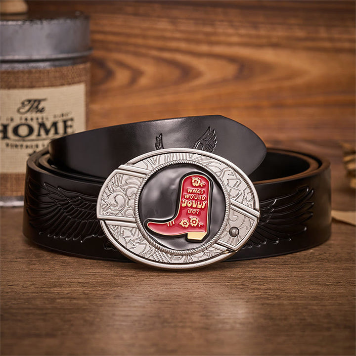 Red Cowboy Boot Hidden Folding Knife Buckle Leather Belt - Red Cowboy Boot - Black Embossed Eagle Belt - 42 - image 2