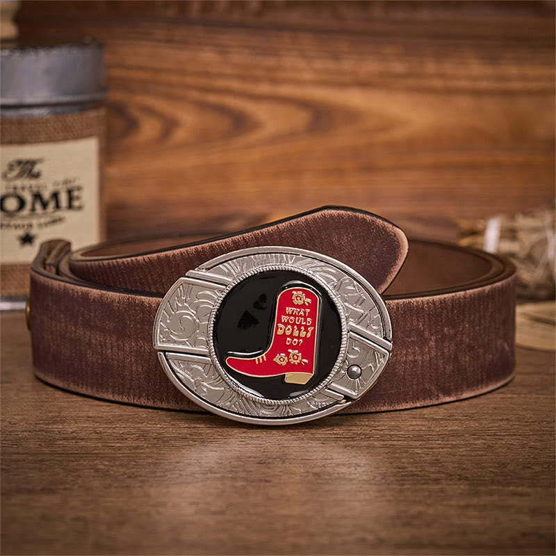 Red Cowboy Boot Hidden Folding Knife Buckle Leather Belt - Red Cowboy Boot - Brown Distressed Belt - 42 - image 5