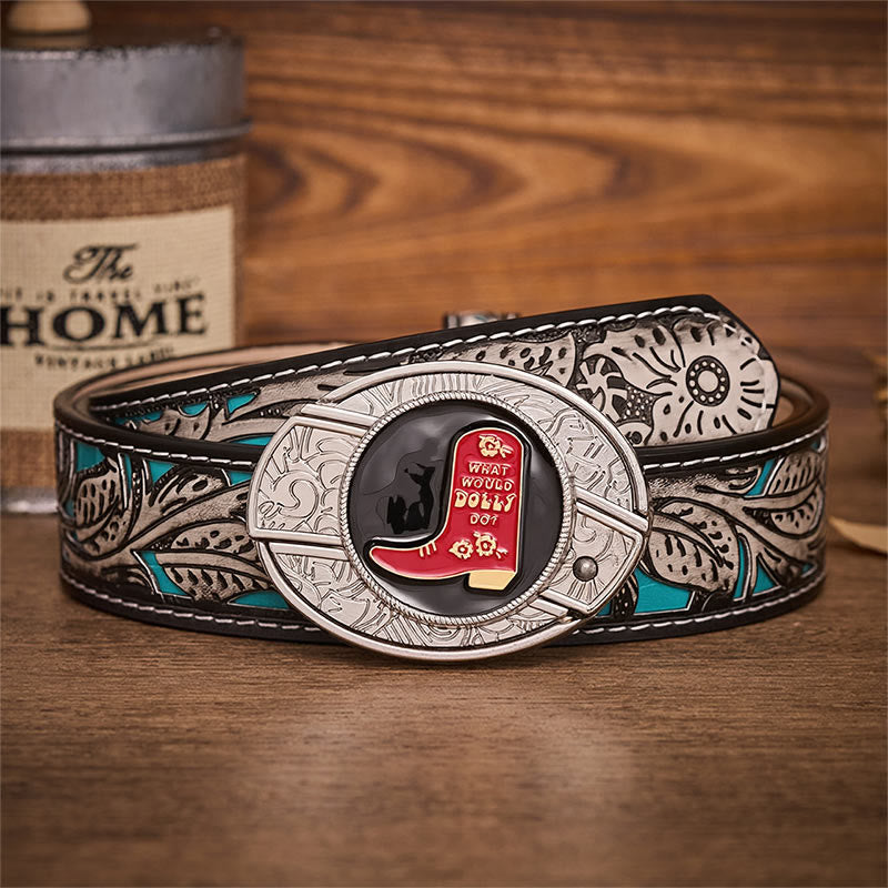 Red Cowboy Boot Hidden Folding Knife Buckle Leather Belt - Red Cowboy Boot - Gray Floral Belt - 42 - image 8