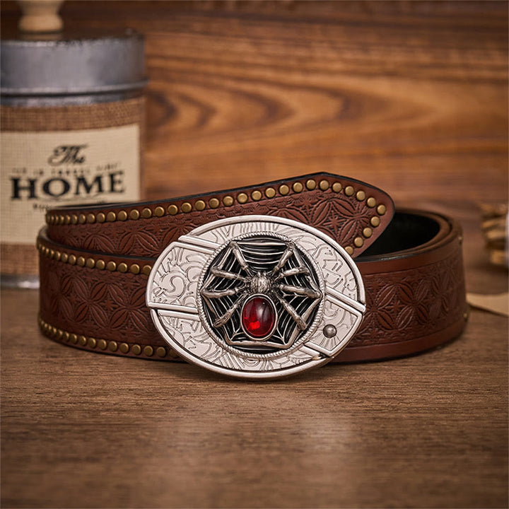 Blood Web Gothic Spider Hidden Folding Knife Buckle Leather Belt - Spider - Brown Rivet Belt - 42 - image 4