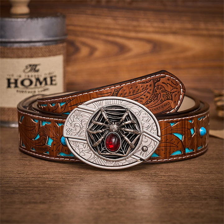 Blood Web Gothic Spider Hidden Folding Knife Buckle Leather Belt - Spider - Turquoise Carved Belt - 42 - image 3