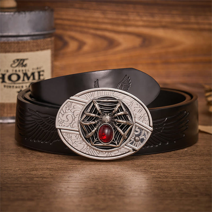 Blood Web Gothic Spider Hidden Folding Knife Buckle Leather Belt - Spider - Black Embossed Eagle Belt - 42 - image 2