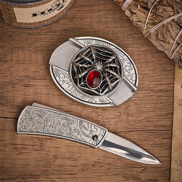 Blood Web Gothic Spider Hidden Folding Knife Buckle Leather Belt - image 1
