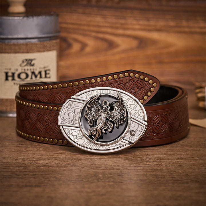 Protection & Faith Angel Hidden Folding Knife Buckle Leather Belt - Angel - Brown Rivet Belt - 42 - image 4