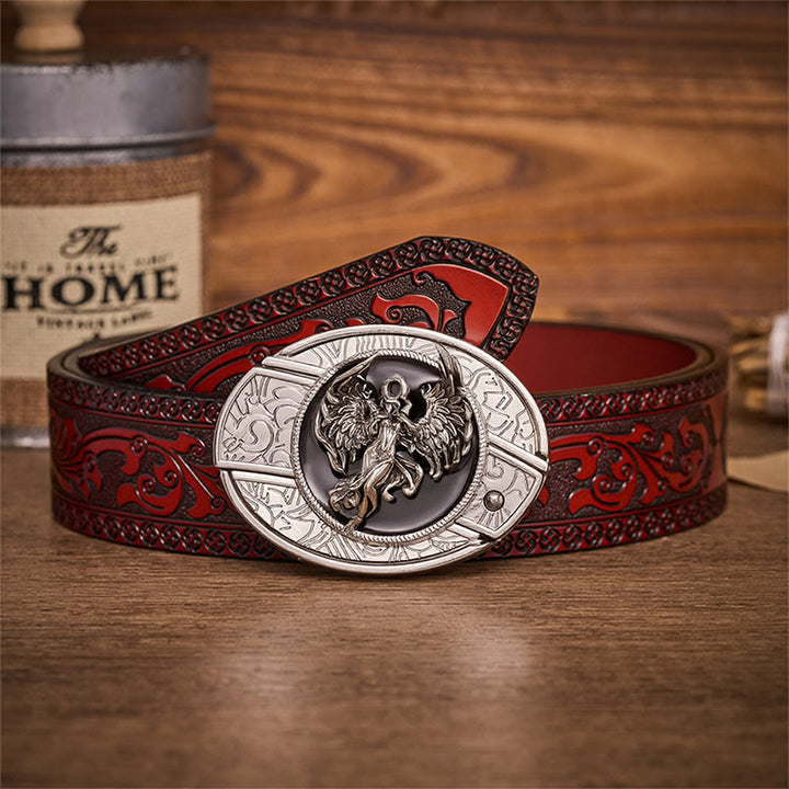 Protection & Faith Angel Hidden Folding Knife Buckle Leather Belt - Angel - Brown Carved Belt - 42 - image 6