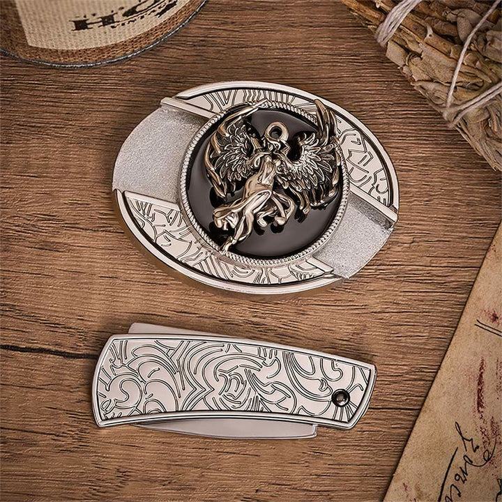 Protection & Faith Angel Hidden Folding Knife Buckle Leather Belt - image 9