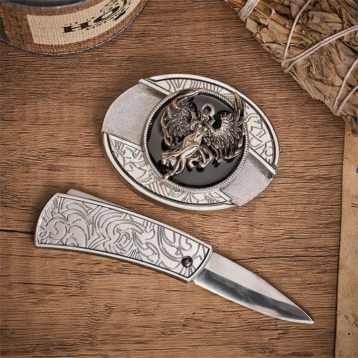 Protection & Faith Angel Hidden Folding Knife Buckle Leather Belt - image 1