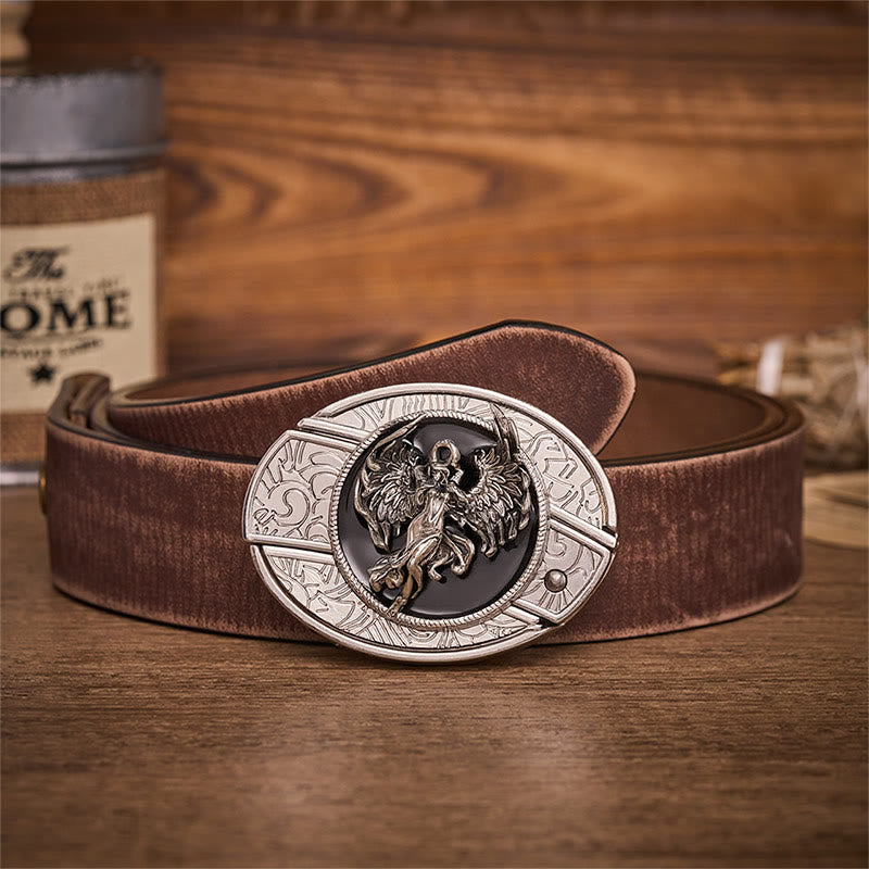 Protection & Faith Angel Hidden Folding Knife Buckle Leather Belt - Angel - Brown Distressed Belt - 42 - image 5