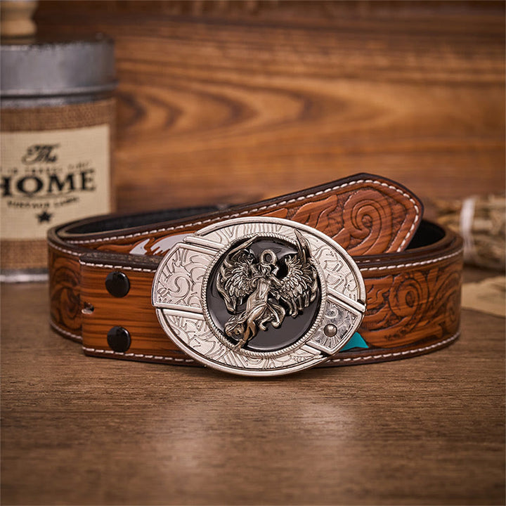Protection & Faith Angel Hidden Folding Knife Buckle Leather Belt - Angel - Brown Feather Belt - 40 - image 7