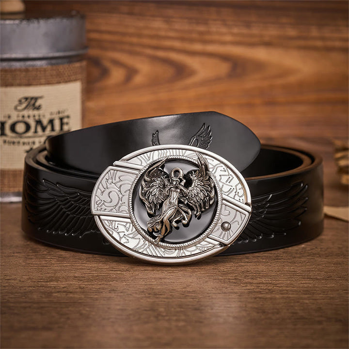 Protection & Faith Angel Hidden Folding Knife Buckle Leather Belt - Angel - Black Embossed Eagle Belt - 42 - image 2