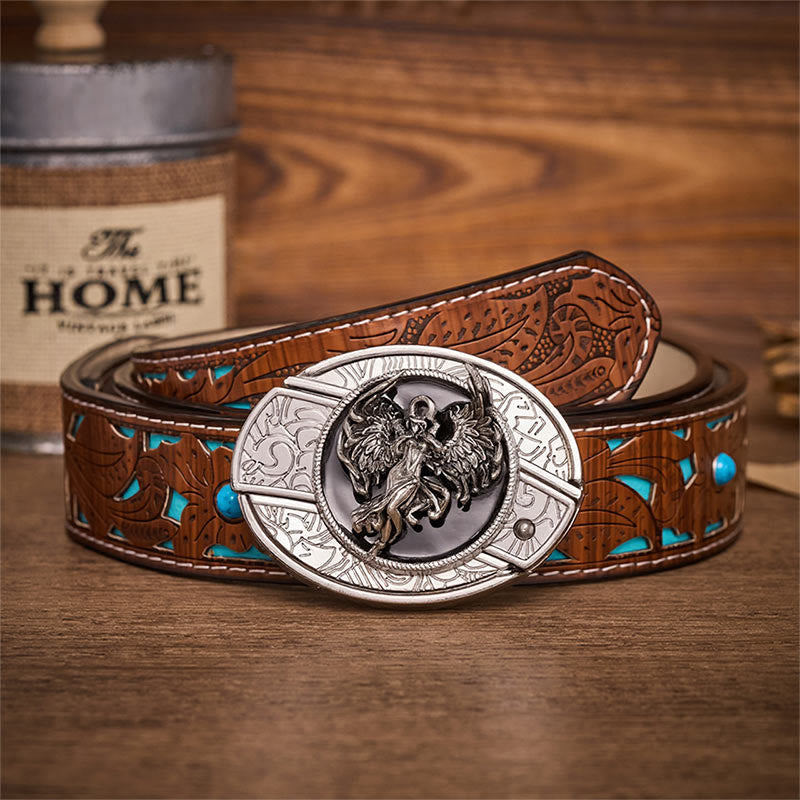 Protection & Faith Angel Hidden Folding Knife Buckle Leather Belt - Angel - Turquoise Carved Belt - 42 - image 3