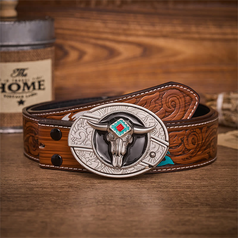 Desert Spirit Aztec Steer Skull Hidden Folding Knife Buckle Leather Belt - Aztec Bull - Brown Feather Belt - 40 - image 7
