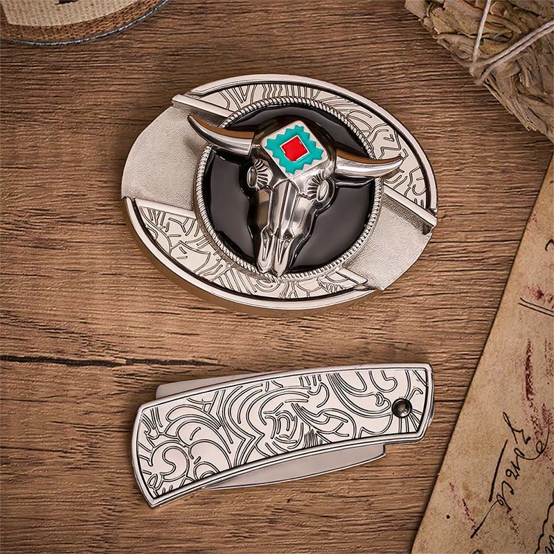 Desert Spirit Aztec Steer Skull Hidden Folding Knife Buckle Leather Belt - image 10