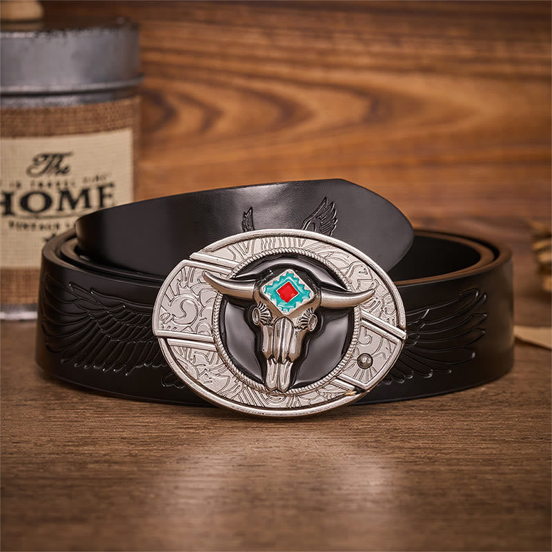 Desert Spirit Aztec Steer Skull Hidden Folding Knife Buckle Leather Belt - Aztec Bull - Black Embossed Eagle Belt - 42 - image 2