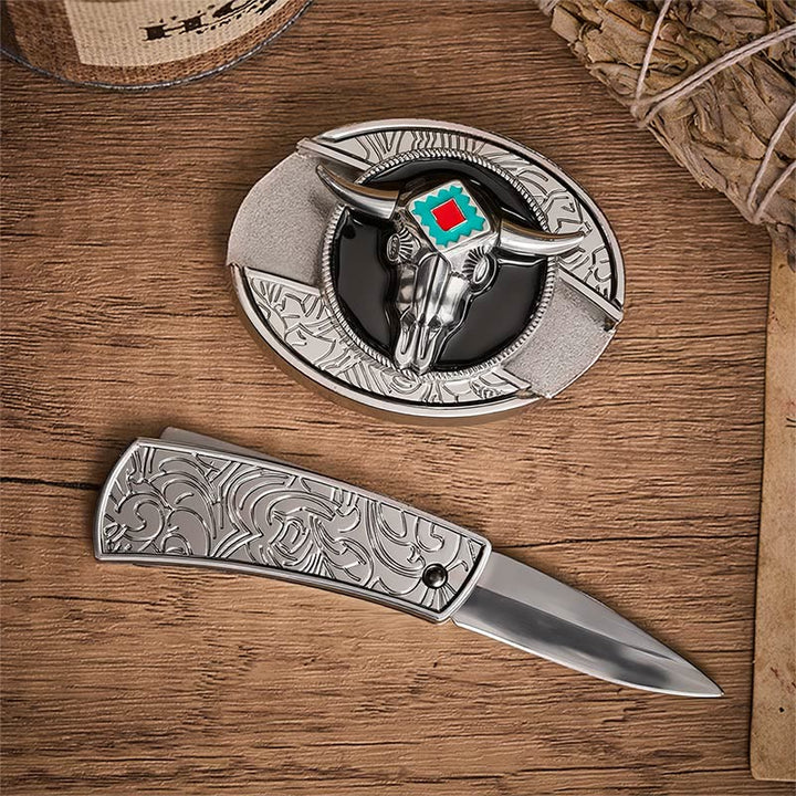 Desert Spirit Aztec Steer Skull Hidden Folding Knife Buckle Leather Belt - image 1