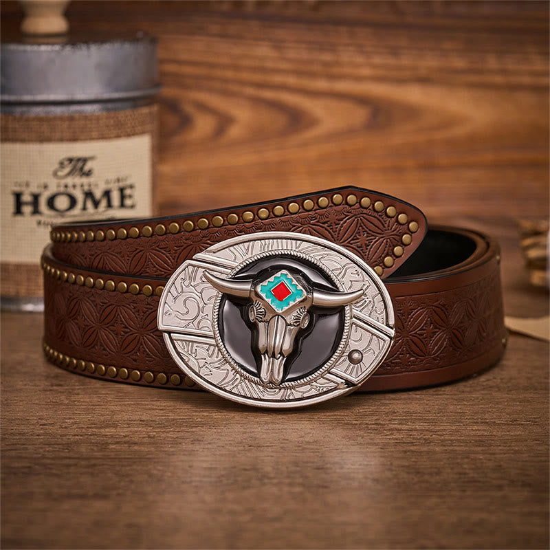 Desert Spirit Aztec Steer Skull Hidden Folding Knife Buckle Leather Belt - Aztec Bull - Brown Rivet Belt - 42 - image 4