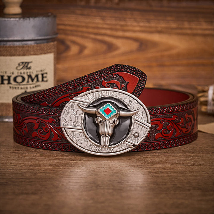 Desert Spirit Aztec Steer Skull Hidden Folding Knife Buckle Leather Belt - Aztec Bull - Brown Carved Belt - 42 - image 6