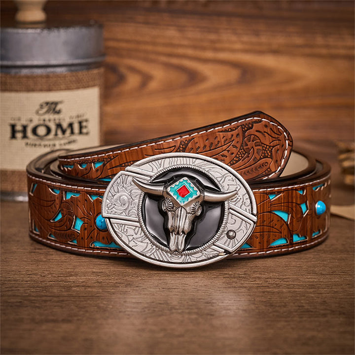 Desert Spirit Aztec Steer Skull Hidden Folding Knife Buckle Leather Belt - Aztec Bull - Turquoise Carved Belt - 42 - image 3