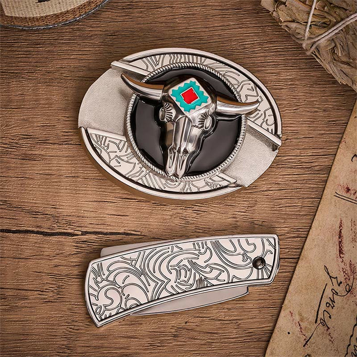 Desert Spirit Aztec Steer Skull Hidden Folding Knife Buckle Leather Belt - image 10