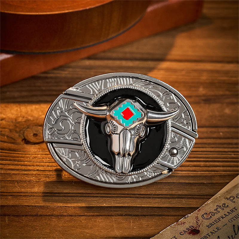 Desert Spirit Aztec Steer Skull Hidden Folding Knife Buckle Leather Belt - Aztec Bull - Without Belt - Not Included Belt - image 0