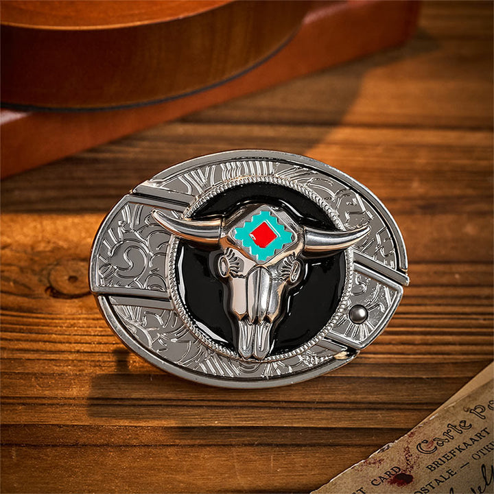 Desert Spirit Aztec Steer Skull Hidden Folding Knife Buckle Leather Belt - Aztec Bull - Without Belt - Not Included Belt - image 0