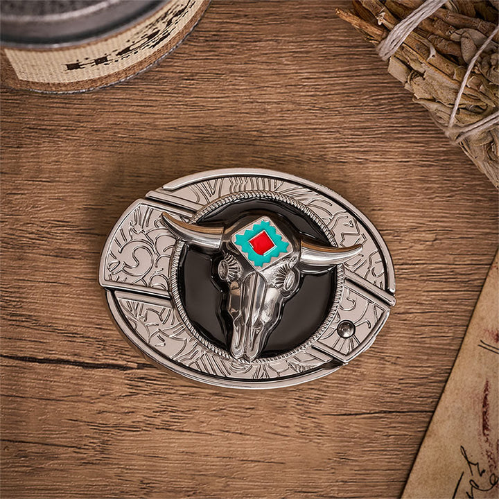 Desert Spirit Aztec Steer Skull Hidden Folding Knife Buckle Leather Belt - image 9