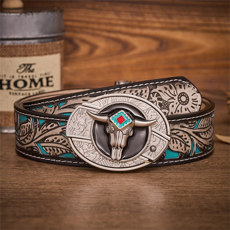 Desert Spirit Aztec Steer Skull Hidden Folding Knife Buckle Leather Belt - Aztec Bull - Gray Floral Belt - 42 - image 8