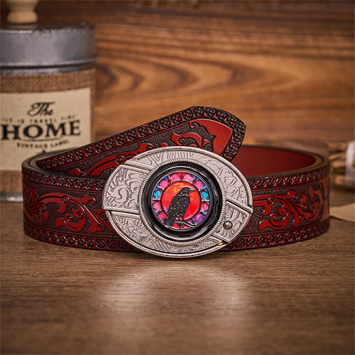 Midnight Raven Window Hidden Folding Knife Buckle Leather Belt - Raven Window - Brown Carved Belt - 42 - image 6