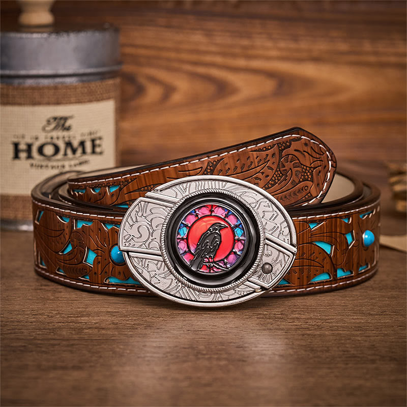 Midnight Raven Window Hidden Folding Knife Buckle Leather Belt - Raven Window - Turquoise Carved Belt - 42 - image 3
