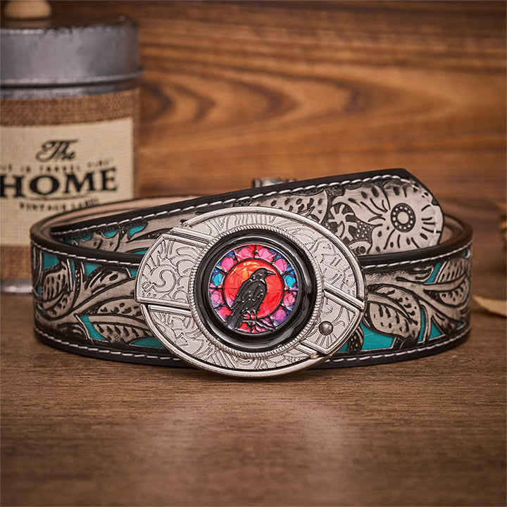Midnight Raven Window Hidden Folding Knife Buckle Leather Belt - Raven Window - Gray Floral Belt - 42 - image 8