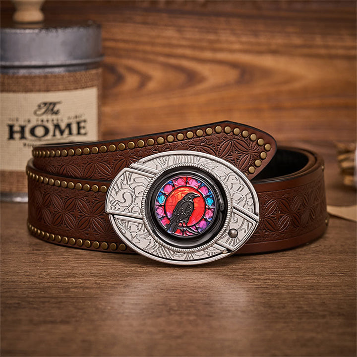 Midnight Raven Window Hidden Folding Knife Buckle Leather Belt - Raven Window - Brown Rivet Belt - 42 - image 4