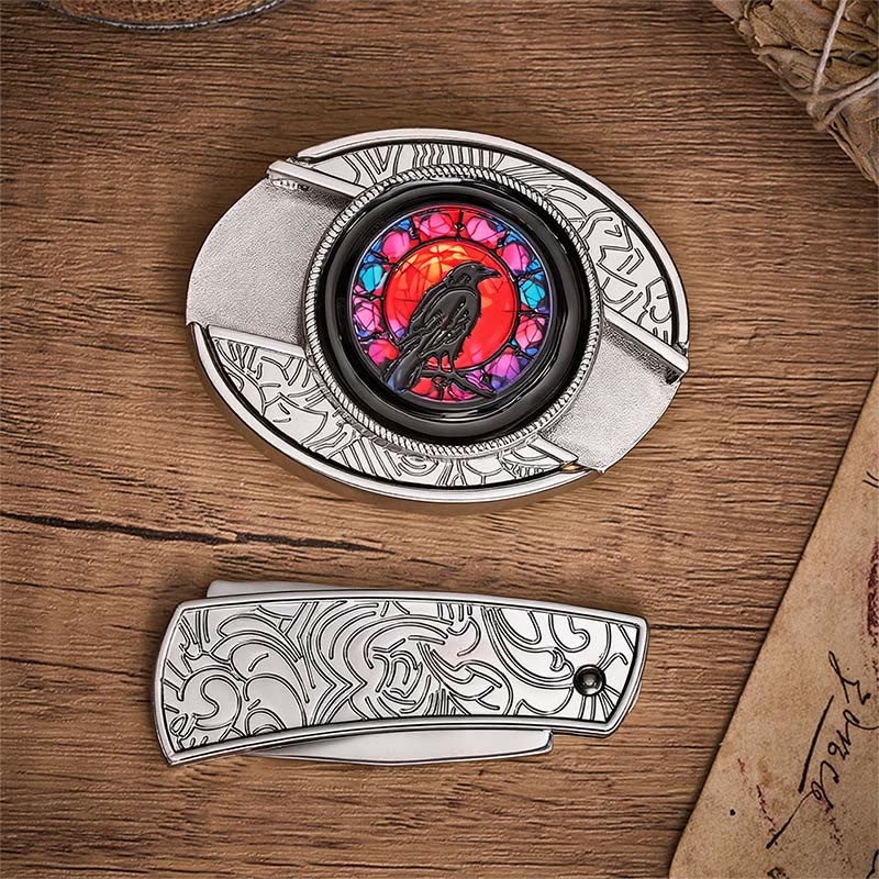 Midnight Raven Window Hidden Folding Knife Buckle Leather Belt - image 10