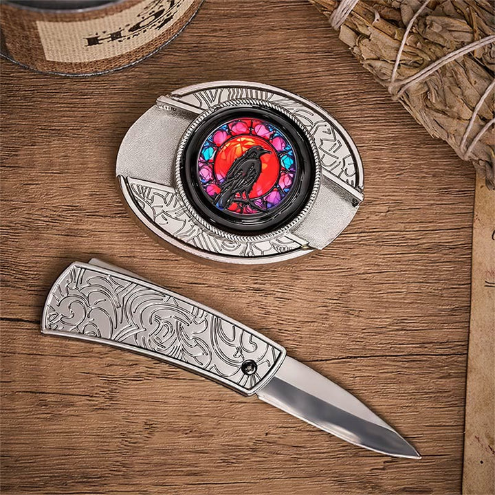 Midnight Raven Window Hidden Folding Knife Buckle Leather Belt - image 1