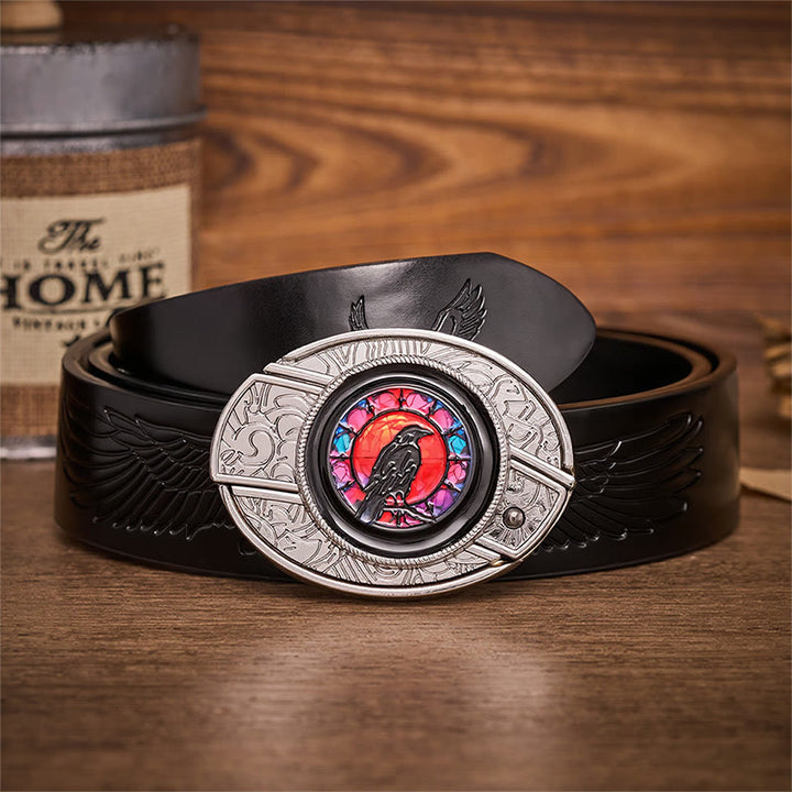 Midnight Raven Window Hidden Folding Knife Buckle Leather Belt - Raven Window - Black Embossed Eagle Belt - 42 - image 2