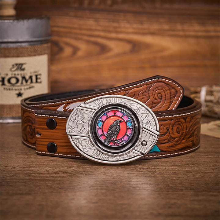 Midnight Raven Window Hidden Folding Knife Buckle Leather Belt - Raven Window - Brown Feather Belt - 40 - image 7