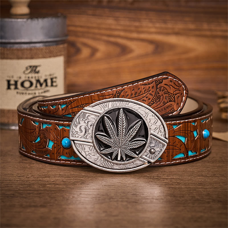 Desert Leaf Western Hidden Folding Knife Buckle Leather Belt - Desert Leaf - Turquoise Carved Belt - 42 - image 3