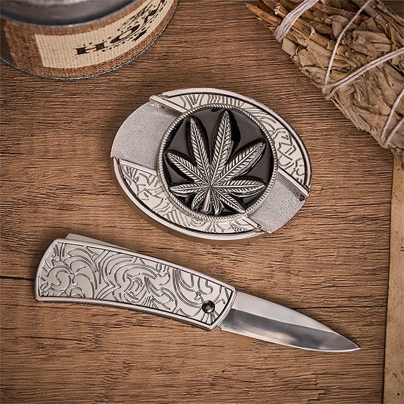 Desert Leaf Western Hidden Folding Knife Buckle Leather Belt - image 1