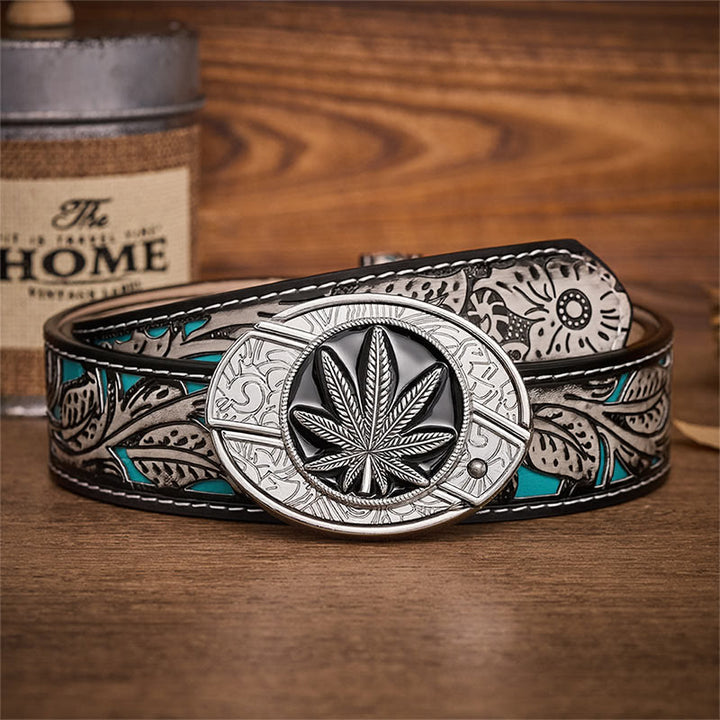 Desert Leaf Western Hidden Folding Knife Buckle Leather Belt - Desert Leaf - Gray Floral Belt - 42 - image 8