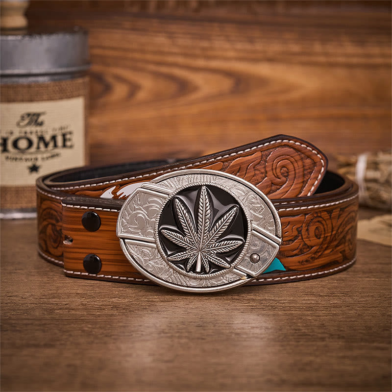 Desert Leaf Western Hidden Folding Knife Buckle Leather Belt - Desert Leaf - Brown Feather Belt - 40 - image 7