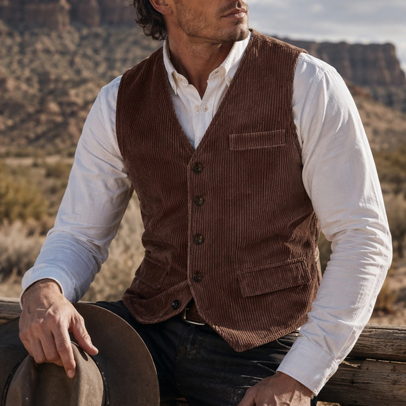 Minimalist V-Neck Retro Ivy League Corduroy Suit Vest - Dark Brown - XL - image 4